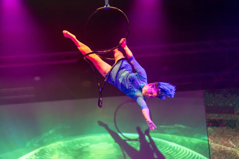 Artistin fliegt beim Hoop Diving kopfüber durch einen Ring im violetten Bühnenlicht